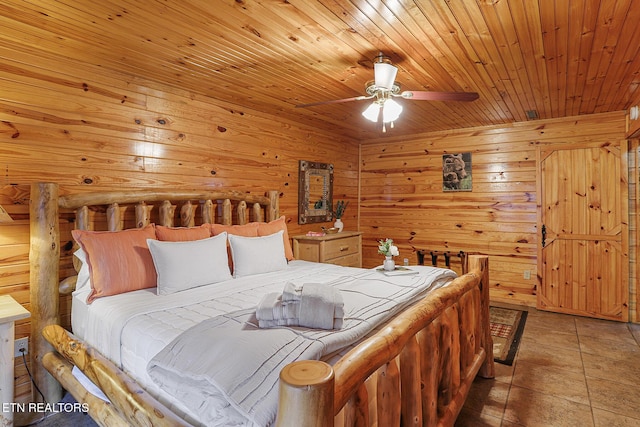 tiled bedroom featuring wood ceiling, ceiling fan, and wooden walls