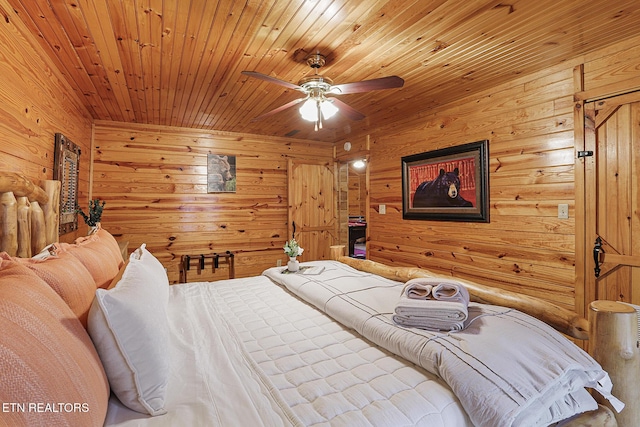 bedroom with wooden walls, wooden ceiling, and ceiling fan