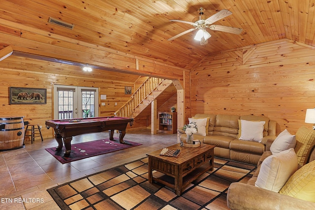 rec room with french doors, wood walls, wood ceiling, pool table, and vaulted ceiling