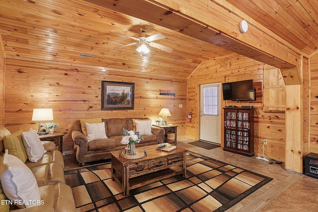 living room featuring lofted ceiling, wooden ceiling, ceiling fan, and wood walls