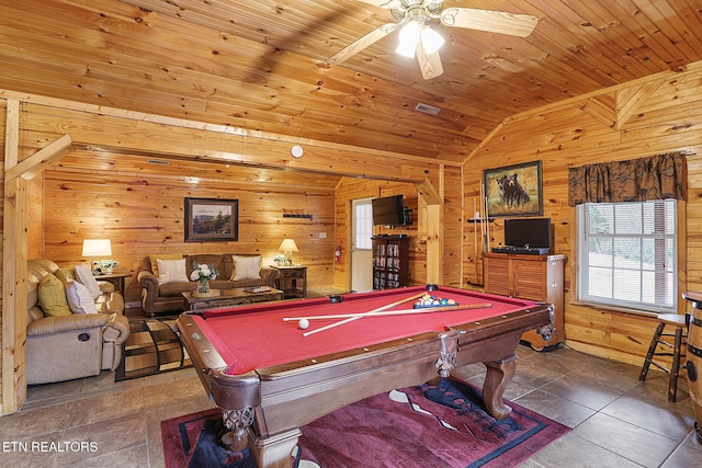 rec room with ceiling fan, wooden walls, vaulted ceiling, and wooden ceiling