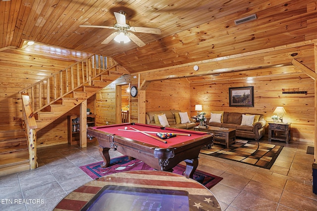 game room featuring billiards, wooden walls, vaulted ceiling, and wooden ceiling