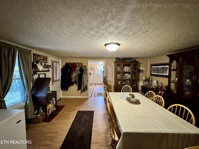 dining room with light hardwood / wood-style floors and a textured ceiling