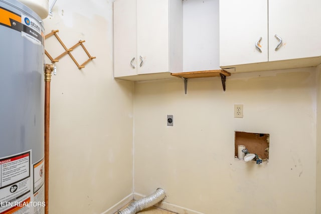 clothes washing area featuring washer hookup, cabinets, gas water heater, and hookup for an electric dryer