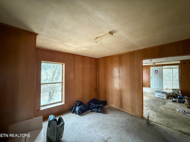 unfurnished room featuring wood walls