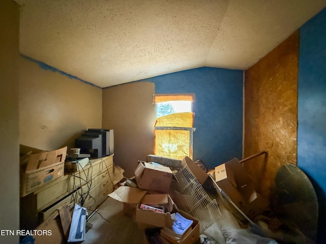 miscellaneous room featuring lofted ceiling and a textured ceiling