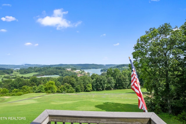 view of community featuring a water view and a lawn