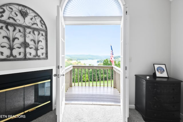 entryway featuring a mountain view and carpet flooring