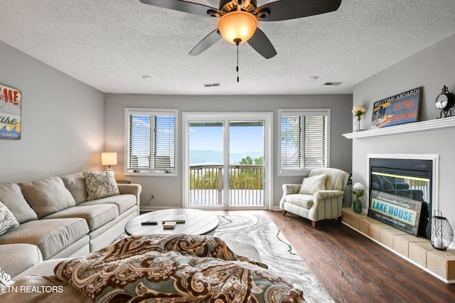 living room featuring a textured ceiling, a fireplace, and dark hardwood / wood-style flooring