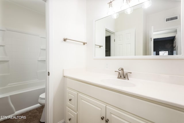 full bathroom featuring shower / bathtub combination, tile patterned floors, toilet, and vanity