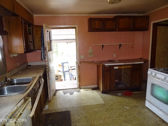 kitchen featuring wood walls, white gas range, sink, dishwashing machine, and ornamental molding