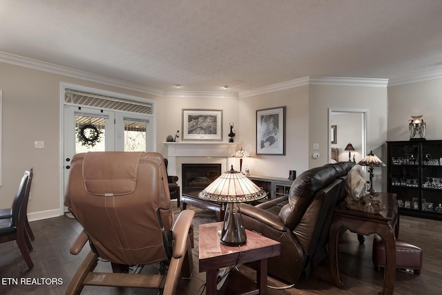 sitting room with ornamental molding, dark hardwood / wood-style flooring, and a textured ceiling