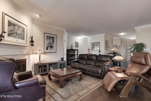 living room featuring ornamental molding, wood-type flooring, and a textured ceiling