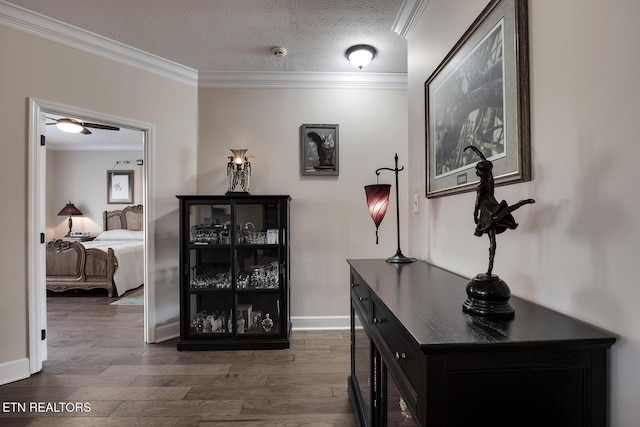 hall featuring ornamental molding, dark hardwood / wood-style floors, and a textured ceiling