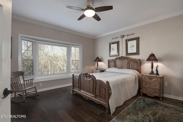 bedroom with ornamental molding, dark hardwood / wood-style floors, and ceiling fan