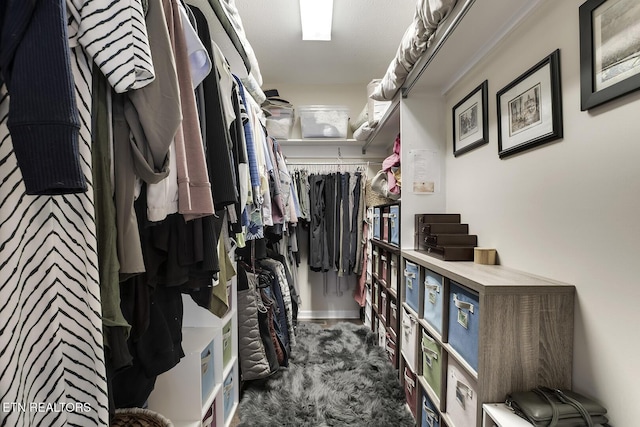 walk in closet featuring dark colored carpet