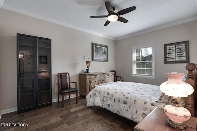 bedroom featuring ornamental molding and dark hardwood / wood-style floors