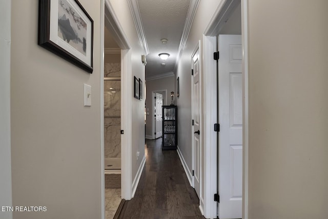 hall featuring ornamental molding, dark hardwood / wood-style floors, and a textured ceiling