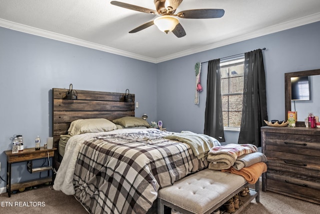 carpeted bedroom featuring crown molding and a ceiling fan