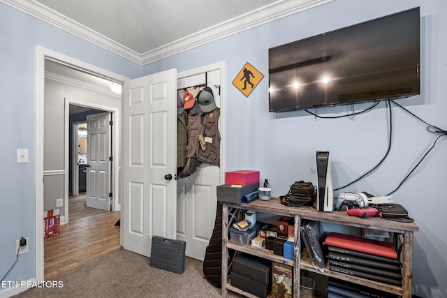 bedroom with carpet floors and ornamental molding