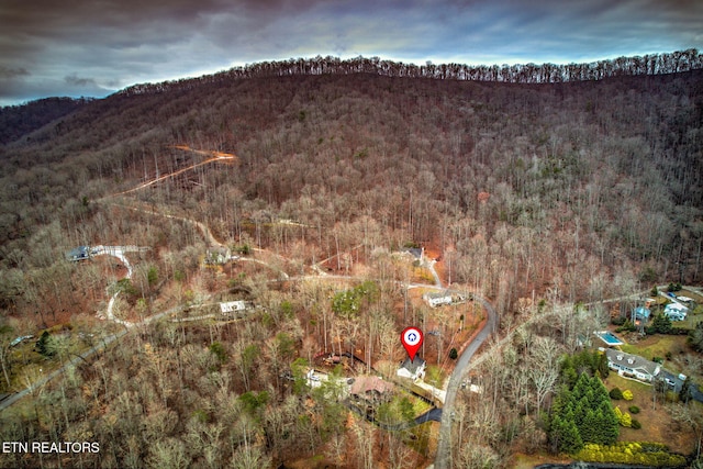 drone / aerial view with a mountain view and a wooded view