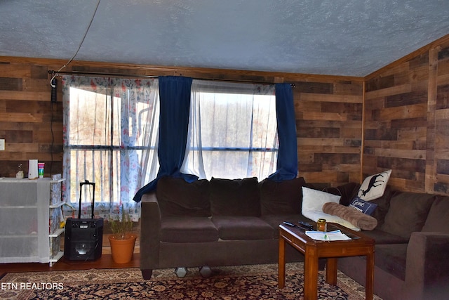 living room featuring lofted ceiling, wooden walls, and a textured ceiling