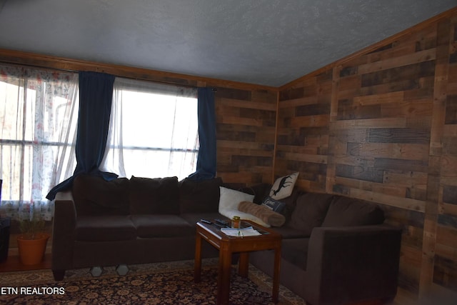 living room featuring lofted ceiling, a textured ceiling, and wood walls