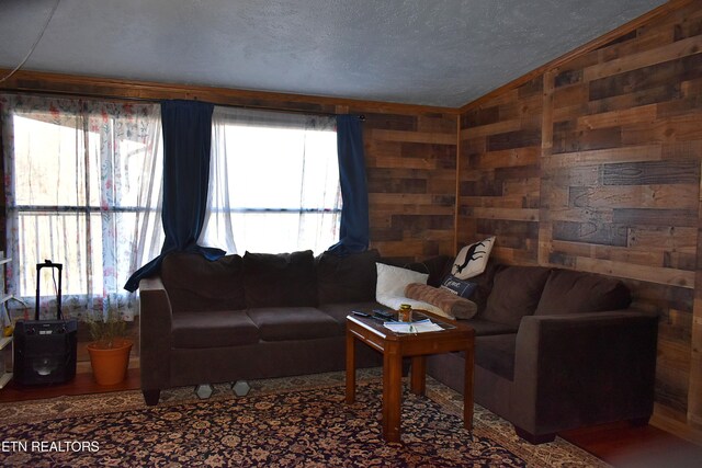 living room with lofted ceiling, wooden walls, and a textured ceiling