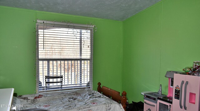 bedroom featuring multiple windows and a textured ceiling