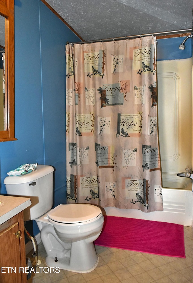 full bathroom featuring vanity, toilet, shower / tub combo, and a textured ceiling