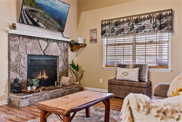 living area featuring wood-type flooring and a fireplace