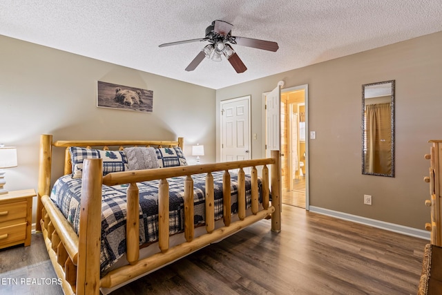 bedroom featuring ceiling fan, a textured ceiling, and dark hardwood / wood-style flooring