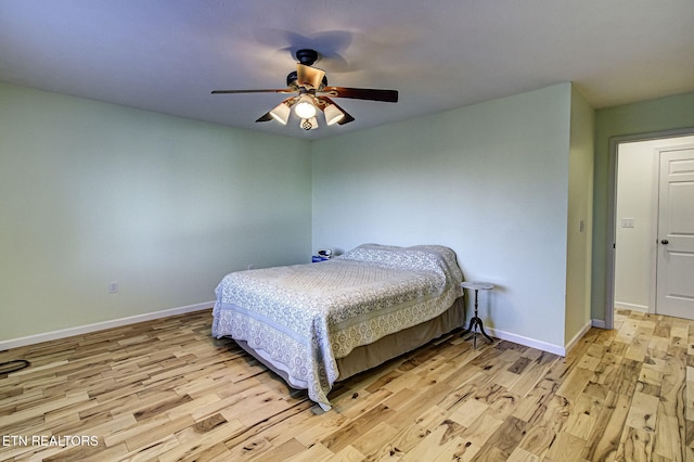 bedroom with ceiling fan and light wood-type flooring