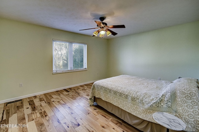 bedroom featuring ceiling fan and light wood-type flooring