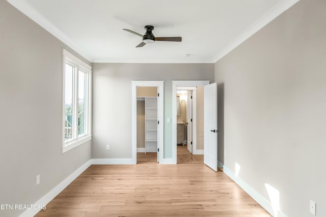 unfurnished bedroom featuring light hardwood / wood-style flooring, ceiling fan, ornamental molding, a walk in closet, and a closet