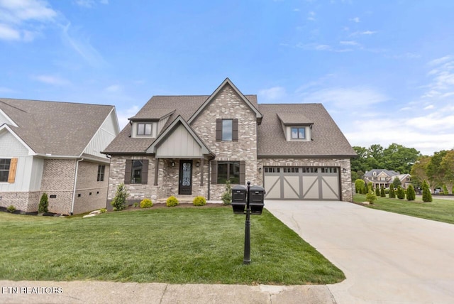 craftsman inspired home featuring roof with shingles, a front lawn, brick siding, board and batten siding, and concrete driveway