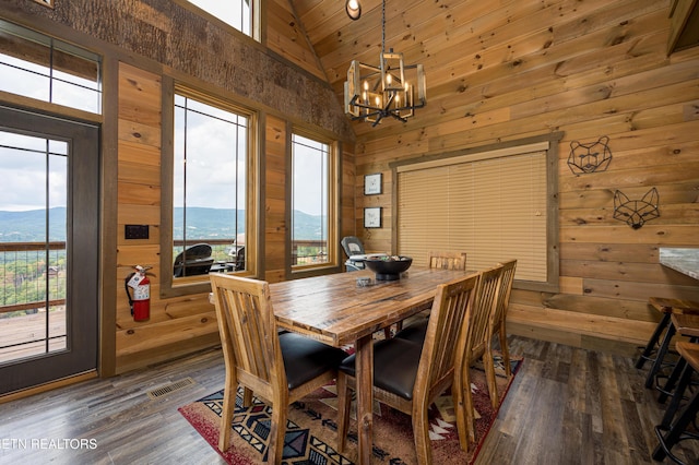 dining area featuring a mountain view, dark hardwood / wood-style flooring, and wood walls