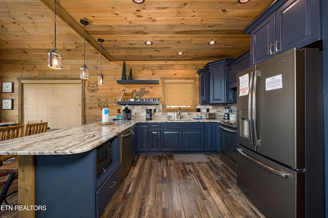 kitchen with decorative light fixtures, a breakfast bar area, stainless steel appliances, blue cabinetry, and wooden ceiling