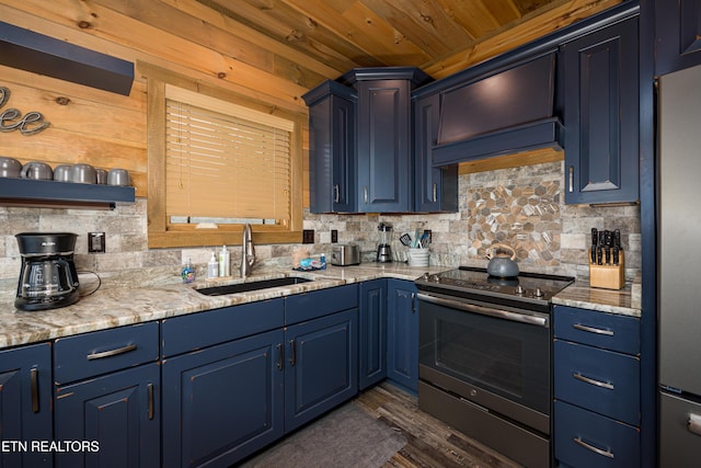 kitchen featuring blue cabinets, appliances with stainless steel finishes, sink, and light stone counters