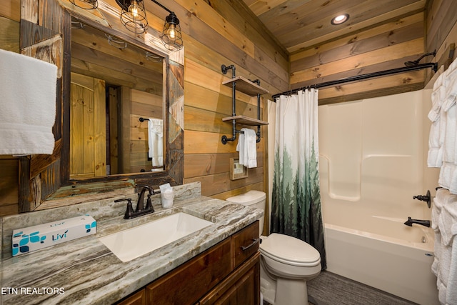 full bathroom with toilet, wood walls, wooden ceiling, vanity, and shower / bathtub combination with curtain