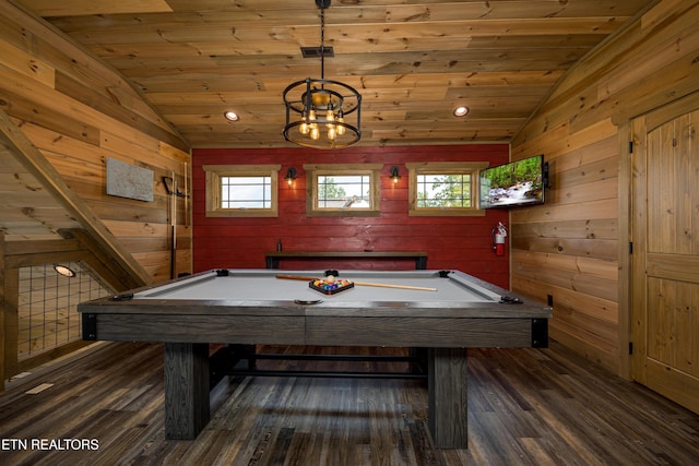 playroom with wood ceiling, vaulted ceiling, dark hardwood / wood-style floors, and wood walls