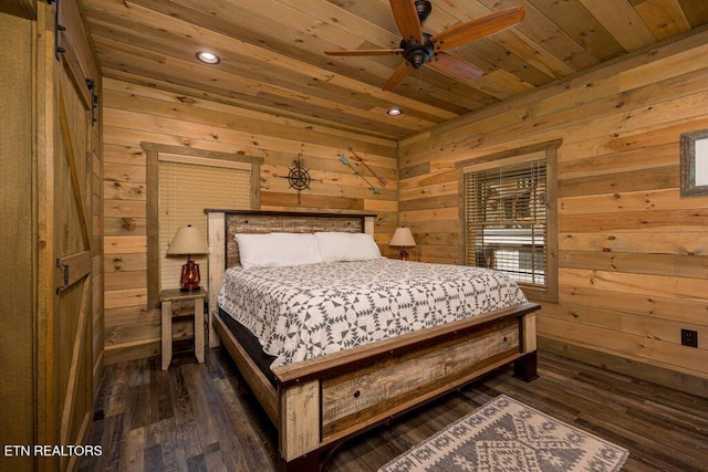 bedroom with wood ceiling, dark wood-type flooring, and wooden walls