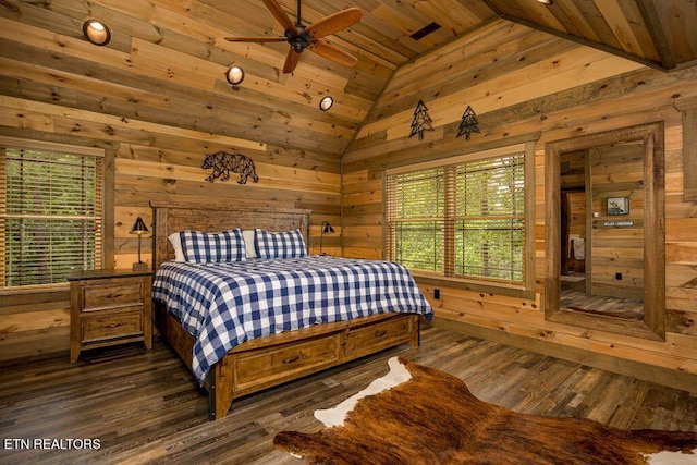 bedroom with dark wood-type flooring, wood ceiling, lofted ceiling, and wood walls