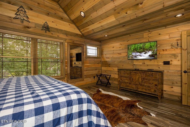 bedroom featuring dark hardwood / wood-style flooring, lofted ceiling, wooden ceiling, and wooden walls