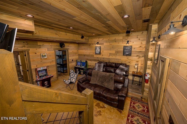 living room with wooden walls and wood ceiling