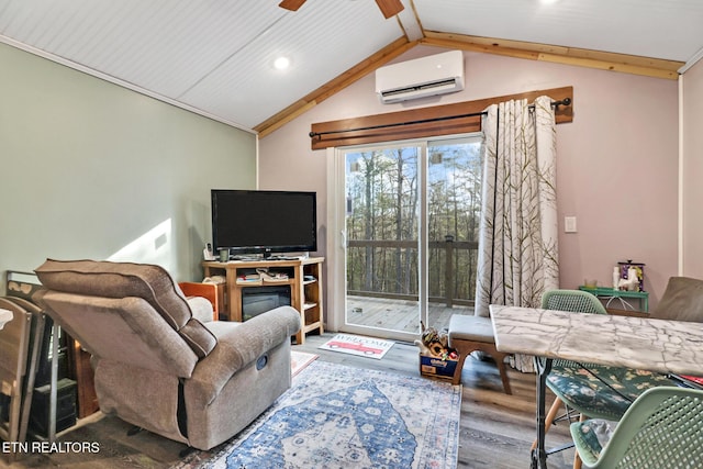 living room with lofted ceiling with beams, an AC wall unit, hardwood / wood-style floors, and ceiling fan