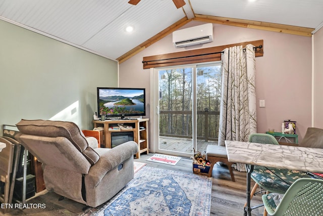 living room featuring vaulted ceiling with beams, wood-type flooring, an AC wall unit, and ceiling fan