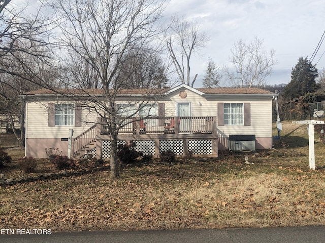 manufactured / mobile home with central AC and a deck