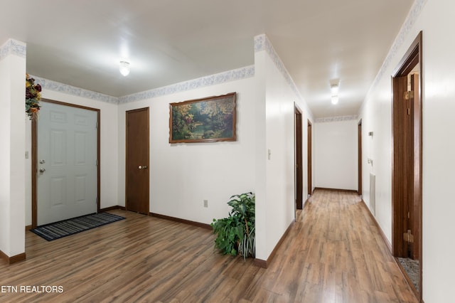 entryway with wood-type flooring