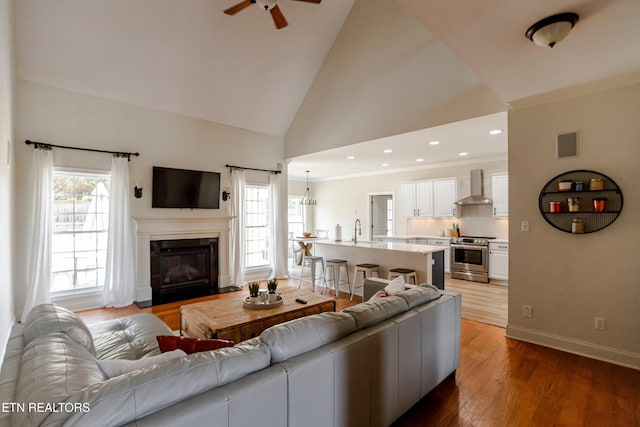 living room with sink, crown molding, ceiling fan, high vaulted ceiling, and wood-type flooring